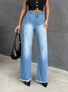 EURMUSE Denim Straight Jeans In Medium Blue Stonewash With Raw Hem - Medium Wash - View 4