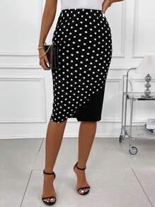 SHEIN Clasi Váy Bodycon bất đối xứng màu chấm bi thanh lịch cho nữ - Đen và trắng - Xem 8