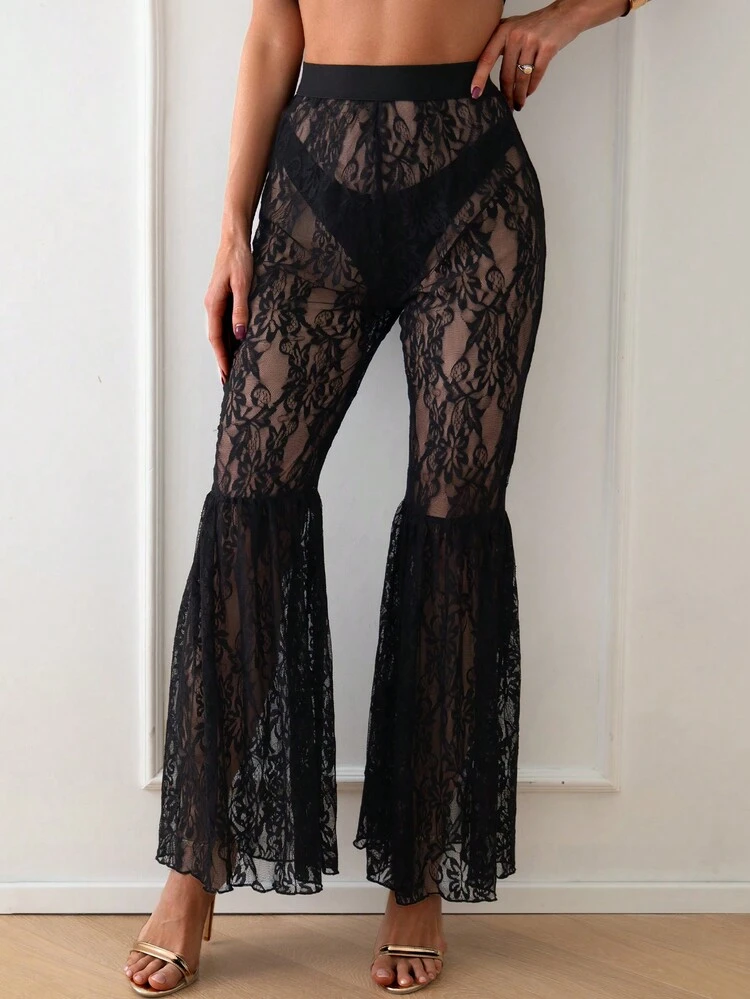 Women's Solid Color Mesh Cover Up With Flared Pants, Sexy Summer