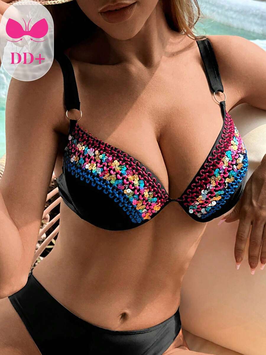 Swim DD+ Ring Linked Underwire Bikini Top - Black - View 1