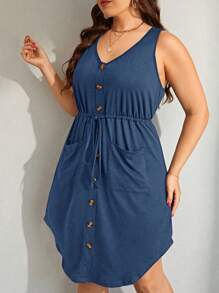 Linhara CURVE 大尺碼口袋拼接束腰纽扣前無袖休閒夏季連衣裙 - 霧霾藍 - 查看 5