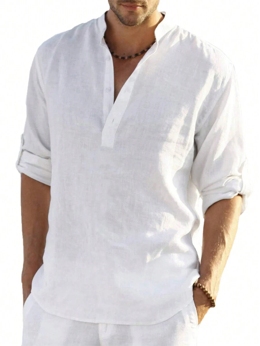 GLESTORE Men's Retro Vintage Coin Style Solid Color Roll-Up Sleeve Mandarin Collar Henley Shirt - Lightweight Breathable Casual Shirt, Classic Washed Cotton, Versatile For All Seasons - White - View 1