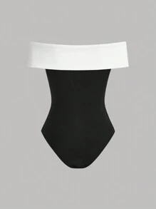 Firerie Women Black And White Off-Shoulder Bodysuit With Large Bowtie