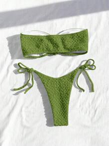 SHEIN Swim Ensemble bikini bandeau unicolore avec lacets pour femme, avec découpe ajourée pour les vacances - Vert - Voir 2