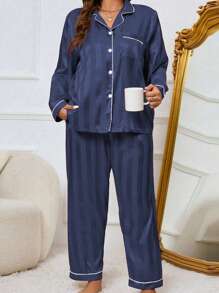 LuxeNights 大码女士优雅仿丝绸休闲上衣和裤子睡衣套装，秋冬服装 - 藏蓝色 - 查看 4