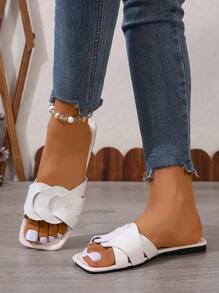 Ximi Ruo 2021新款女士H拖鞋，时尚休闲风，罗马款，舒适，黑色/米色/棕色，平底，压纹，慵懒风，博主推荐，镶钻，厚底，坡跟，凉鞋，仙女风，防臭，防滑，简约，鳄鱼纹，金属装饰，平底，夏季时尚拖鞋，沙滩装扮 - 白色 - 查看 5