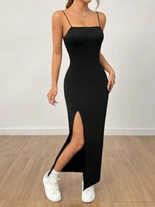 SHEIN PETITE Women's Solid Color High Slit Strap Black Long Dress Dress,Summer Dresses For Women