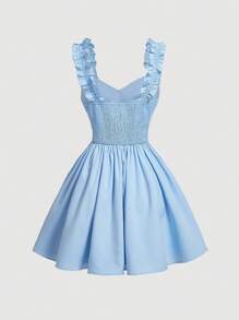 SHEIN MOD Vestido de hada con tirantes, de estilo dulce y romántico, con encaje azul, empalme y volantes en el bajo - Azul - Ver 2
