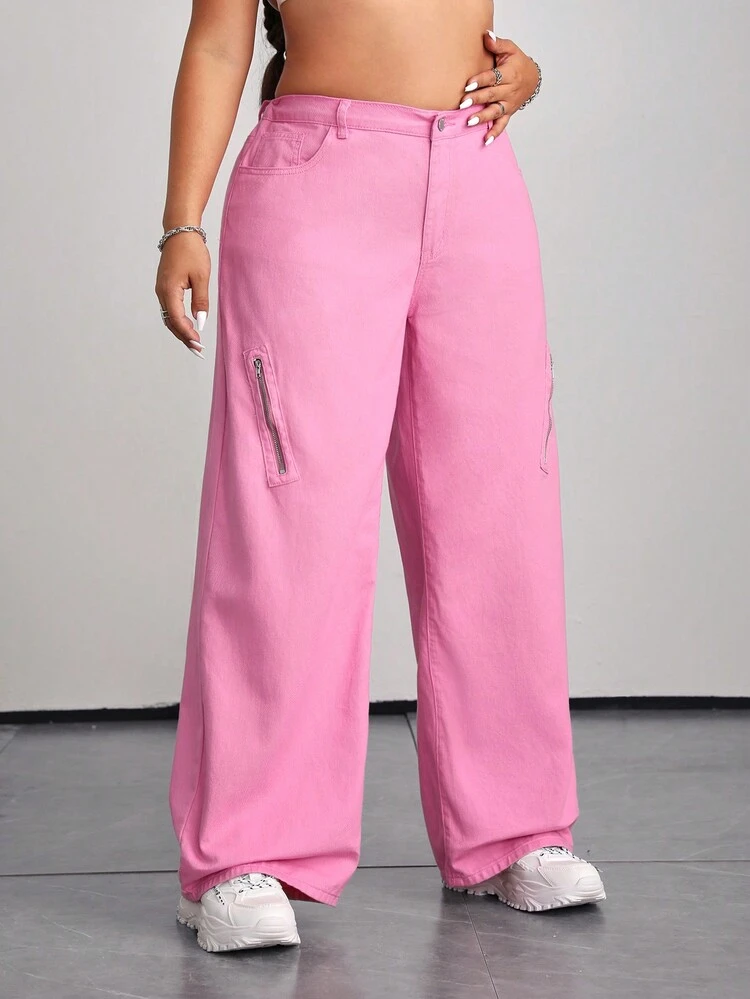 Plus Size Women Sexy Low-Rise Pink Denim Jeans, Street Style, Made Of All Cotton