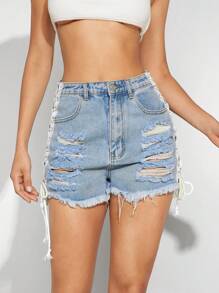 Denimoi Lace Up Side Ripped Slant Pocket Denim Shorts - Light Wash - View 5