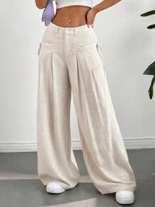 SHEIN EZwear Pantalones anchos tejidos en tono albaricoque para mujeres, cómodos para vacaciones de verano - Albaricoque - Ver 5