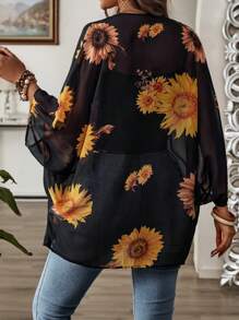 EMERY ROSE Women's Summer Holiday Casual Solid Color Sunflower Printed Kimono Cover Up