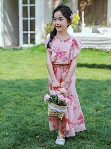 SHEIN Kleine Mädchen Elegantes Hochzeitssaison-Set mit Rüschensaum, Blumen-Chiffon-Top und weitem Hose, geeignet für Feste, Partys und Urlaube, Sommer