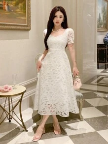 DAZY Women's White Floral Sweetheart Neckline Lace Short Sleeve Maxi Dress For Summer,Elegant Dates,Birthday New Year Eve Prom Sundress,Dress For Wedding - Beige - View 2