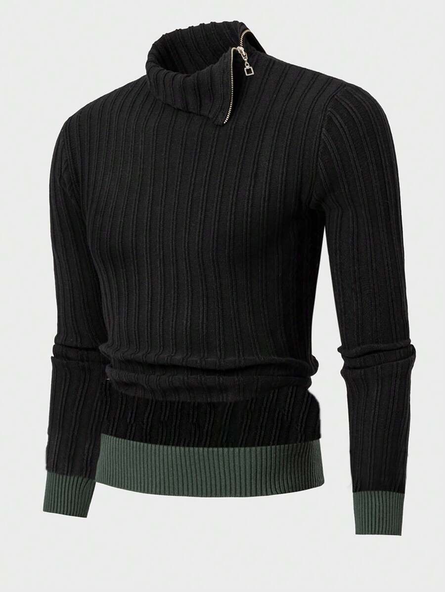 SHEIN Cottnline Men Quarter Zip Stripe Detailed Regular Sweater - Black - View 1