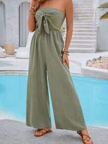 Vivid Eden Petos anchos de pierna de verano para mujer con diseño de nudo en la parte delantera y espalda abierta en unicolor, ideal para vacaciones