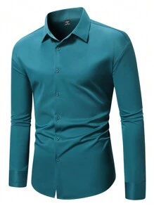 Manfinity Mode Men's Solid Color Long Sleeve Shirt With Embroidered Cuffs, For Fall - Teal Blue - View 5