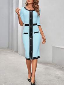 SHEIN Clasi Women Summer Round Neck Half Sleeve Button Decor Slim Elegant Dress