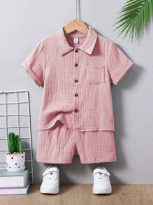 SHEIN 2 件套年轻男孩休闲简约学院风 100% 纯棉短袖衬衫和短裤套装，适合日常、上学、度假、假日、旅行、放松、日光浴、春夏季 - 藕粉色 - 查看 3