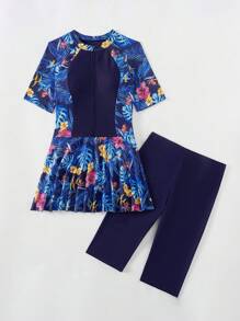 Swim Mulvari Women Summer Beach Tropical Printed Zip-Up Burkini Swimsuit SetArabic Clothing