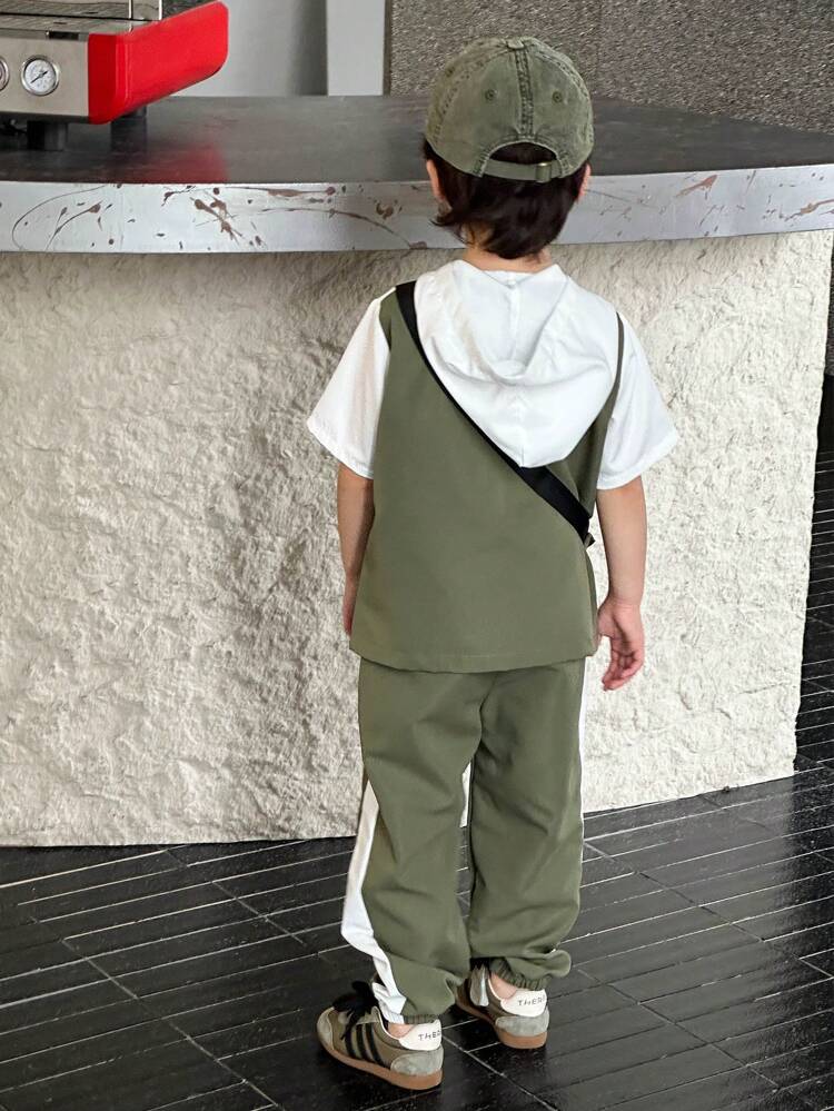 Young Boy Streetwear Style Color Block Short Sleeve T-Shirt & Pants With Bag, Regular Fit, Spring/Summer