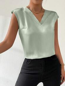 SHEIN Clasi Áo kiểu nữ cổ chữ V không tay màu trơn thời trang - màu xanh lá - Xem 4