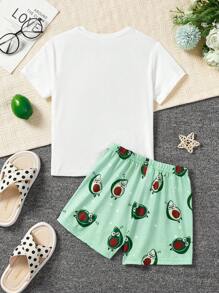 SHEIN Young Girl Avocado Patterned Summer Short-Sleeved Shorts Comfortable Casual Flame-Retardant Pajamas 2-Piece Set - Green - View 2
