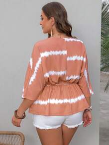 SHEIN VCAY Áo Sơ Mi Tay Cánh Dơi Sọc Plus Size Kỳ Nghỉ Thường Ngày Có Thắt Lưng Co Giãn - Nhiều màu - Xem 2