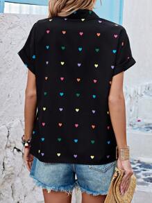 SHEIN LUNE Dames Valentijn Hart Print Vleermuis Korte Mouw Shirt