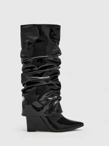 Women Point Toe Slouchy Design Wedge Boots, Elegant Black Wedge Boots, Cowboy Boots For Women