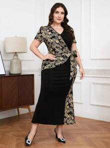 Modelyn Summer Plus Size Women's Fashionable Wrap Design Elegant Printed Dress Long Evening Dresses - Black - View 4