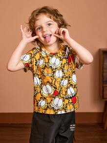 GARFIELD | SHEIN 男孩休閒卡通印花有趣短袖T恤，夏季 - 橘色 - 查看 6