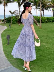 DAZY Women's Chiffon Floral Print Square Neck Elegant Dress Sundress