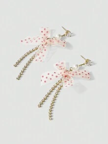 SHEIN MOD 1對甜美清新珍珠、波點、蝴蝶結垂墜耳環 - 紅色 - 查看 2