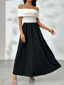 SHEIN Privé Elegantes, modisches Damen Kleid in Schwarz und Weiß mit Kontrastfarben, einschultrig, sexy, für romantische Anlässe, Dates, Arbeit, Straße, Hochzeitssaison, Abschlussfeier, Urlaub, Lehrertag, Muttertag