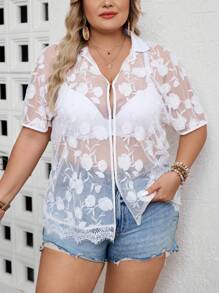 SHEIN VCAY Plus Size Women's Fashionable Sheer Printed Shirt With Lace Trimmed Collar