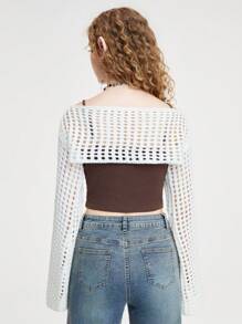 ROMWE Fairycore Summer Crochet Spring/Summer Mesh With Cute Mushroom Embroidery Women's Sweater Pullover With Bell Sleeves