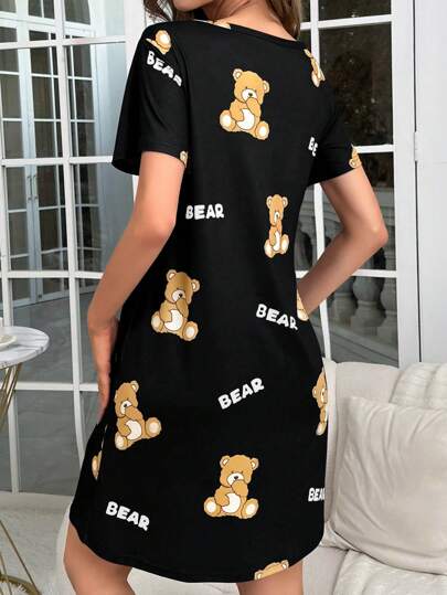 Able Schattige Bear Letter Printed Shirt Sleep Dress Pajama view 2