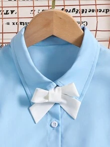 少女襯衫式領口單排扣心形印花泡袖休閒上衣和裙擺套裝 - 藍色 - 查看 5