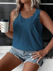 SHEIN LUNE Plus Size Nữ Màu trơn tương phản Áo ba lỗ cổ tròn cho mùa hè - Màu xanh ngọc - Xem 6