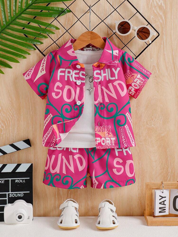 Summer New Fashion Baby Boys 3pcs Casual Vest, Short Sleeve Shirt And Beach Shorts Outfit