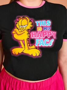 GARFIELD | SHEIN Plus Size Casual Hoạt Hình Dễ Thương Và Khẩu Hiệu In Bó Sát Tay Ngắn Ringer Áo Thun Viền Cong, Mùa Hè - màu đen - Xem 5