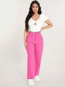 SHEIN PETITE Women Casual Loose Straight Leg Jeans With Pockets, Suitable For Daily Wear And Traveling - Dusty Pink - View 4
