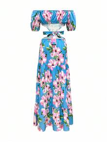 Women Flower Printed Off Shoulder Hollow Out Dress Elegant - Multicolor - View 2