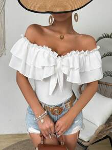 SHEIN VCAY Women Fashion Solid Color Bodysuit With Ruffle Neck Ruffle Neckline