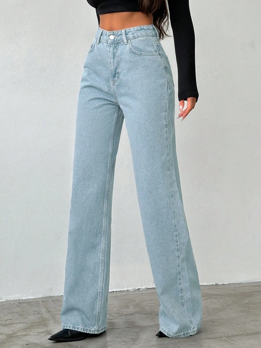 EURMUSE Solid Straight Leg Jeans - Light Wash - View 1