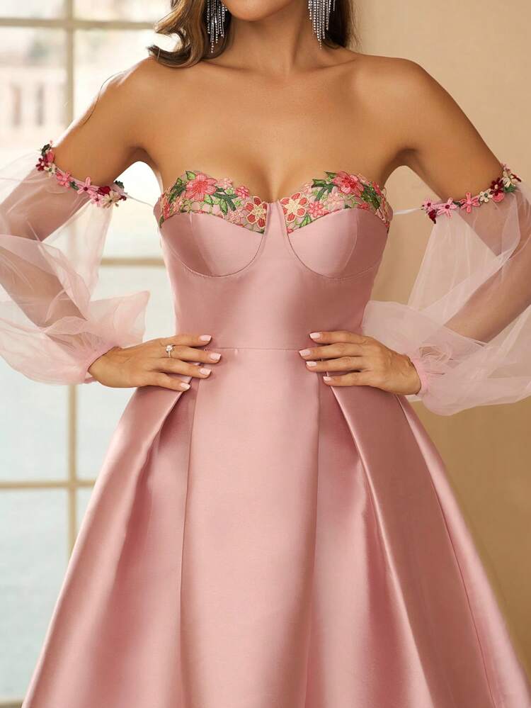 Women's Elegant Romantic Delicate Lovely Alice Blue Satin Off Shoulder Dress With Ribbon Embellishment, Puff Sleeve With Pleating Detail, High Waist A-Line Hem Dress, Perfect For Beach Holiday, Music Festival, Graduation, Prom, Wedding, Evening Party, Cocktail Party, Single Party, Afternoon Tea, Date Or Gathering