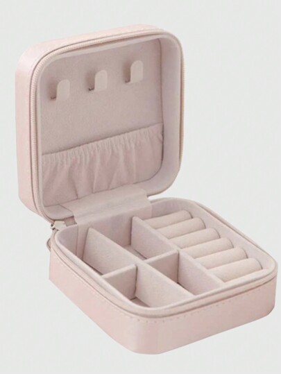 Solid Color Zipper Closure Portable Jewelry Box With Divided Compartments, Storage Box