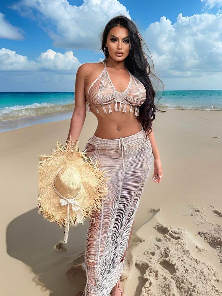 Summer Fashionable Hollow Knitted Tassel-Trimmed Neck Halter Top And Split Skirt Cover Up Outfit