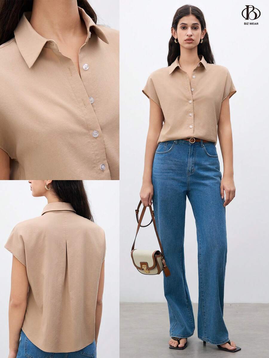 SHEIN Unity Của phụ nữ Màu thuần tay cánh Áo sơ mi - Màu Khaki - Xem 1
